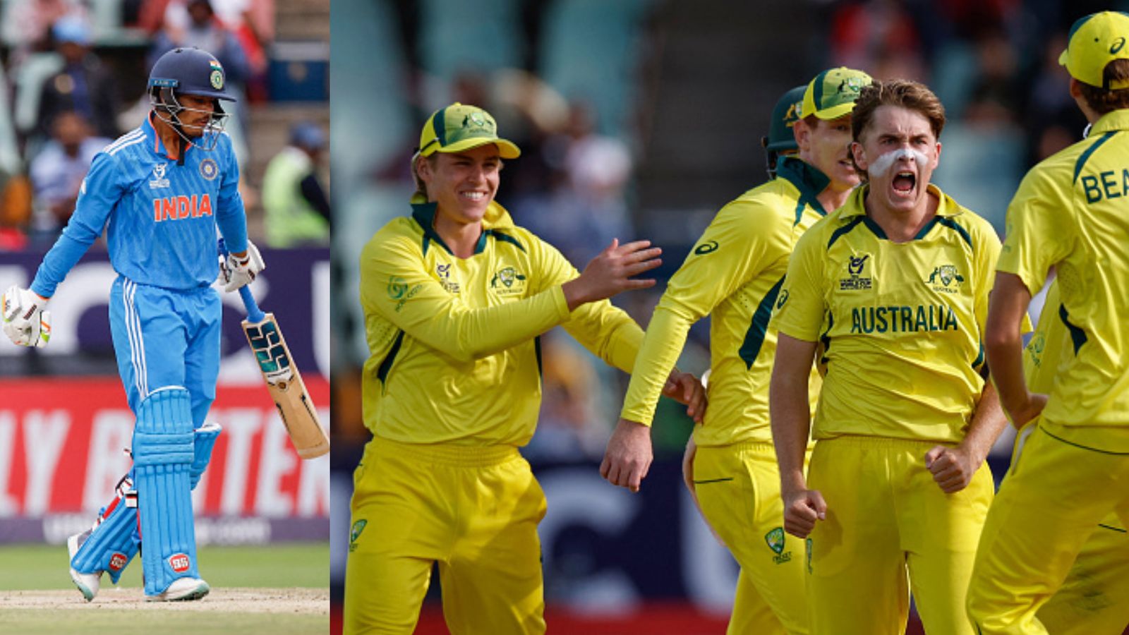 India fail to defend U-19 World Cup title, crash in record chase in heartbreaking final as Australia become champions for 4th time Left: India skipper Uday Saharan. Right: Australian players celebrate the dismissal of Raj Limbani during Under-19 World Cup final on February 11. (Getty)