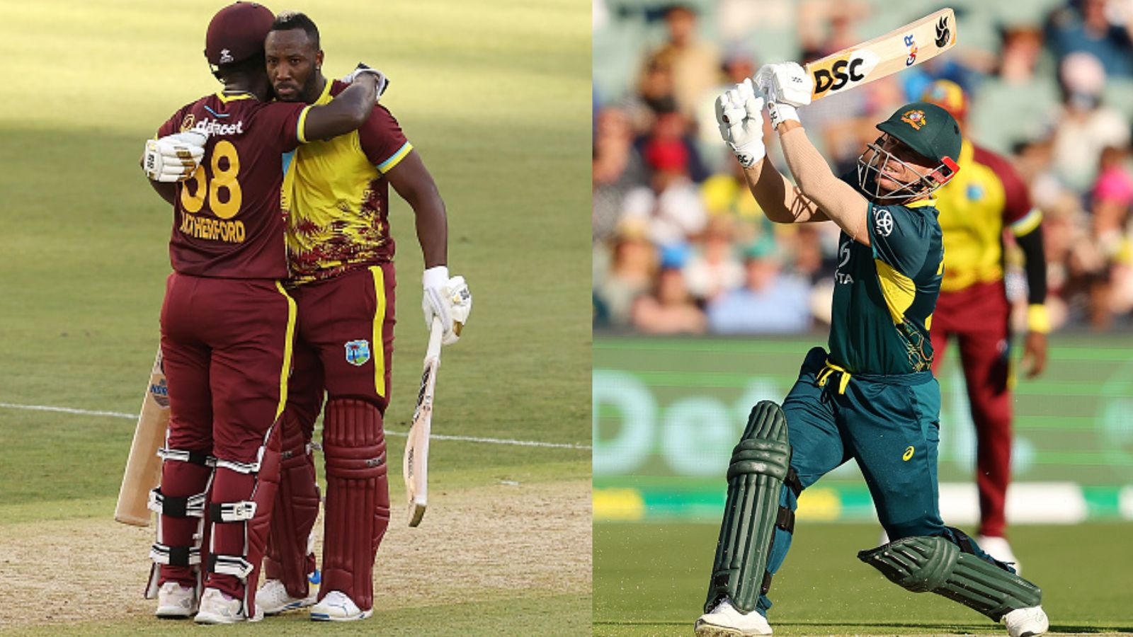 AUS vs WI: Russell, Rutherford's exploits dampen Warner, Tim's blitzkrieg as West Indies claim 1st away T20I win over Australia since 2013 Left: West Indies' Andre Russell and Sherfane Rutherford during 3rd T20I against Australia. Right: Australia's David Warner in this frame. (Getty)