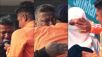 Sarfaraz Khan hugs emotional father Naushad, wipes wife’s tears after getting maiden Test cap; video goes viral Emotional scenes in Rajkot as Sarfaraz Khan got his Test cap (Screengrab: Jio Cinema, X)