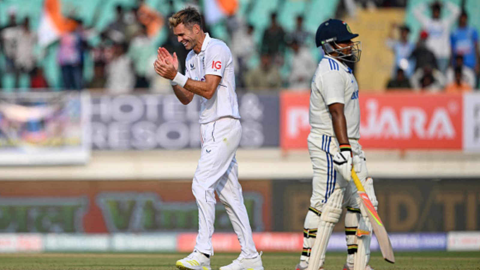 Sarfaraz Khan reacts to horrible mix-up with Ravindra Jadeja which led to his run-out in 3rd Test, says 'There is nothing...' England's James Anderson (L) celebrate after the dismissal of India's Sarfaraz Khan during Day 1 of the third Test against England on February 15. (Getty)