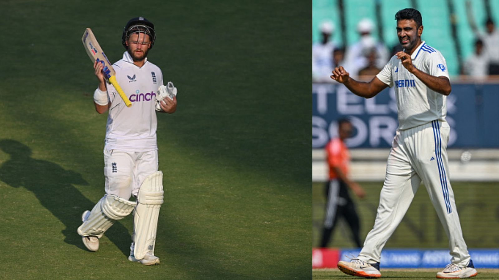 IND vs ENG: Replying to India's 445, Ben Duckett's aggressive ton helps England dominate Day 2's play following Ashwin's historic 500 England's star batter Ben Duckett (left) and India's ace spinner R Ashwin in this frame. (Getty)