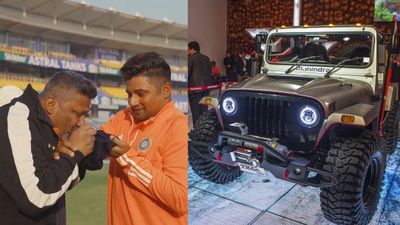 Sarfaraz Khan's father Naushad offered brand new 'Thar' by Indian billionaire for his efforts to raise talented cricketer Left: Sarfaraz Khan with his father. Right: Mahindra Thar. (Photo Courtesy: Twitter)