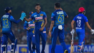 SL vs AFG: MS Dhoni-groomed weapon neutralises Afghanistan with 4-fer, Hasaranga displays all-round brilliance as Sri Lanka win 1st T20I by 4 runs Matheesha Pathirana (C) celebrates with teammates.