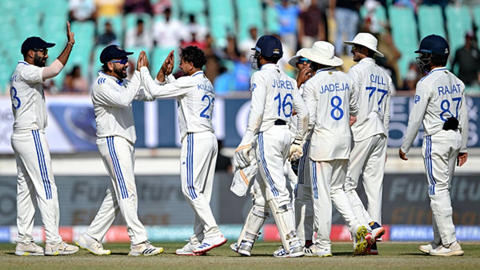 Massive boost to India in WTC 2023-25 points table, leave Australia behind after record-breaking 434-run win over England Team India celebrates their win against England in the Rajkot Test (Getty Images)