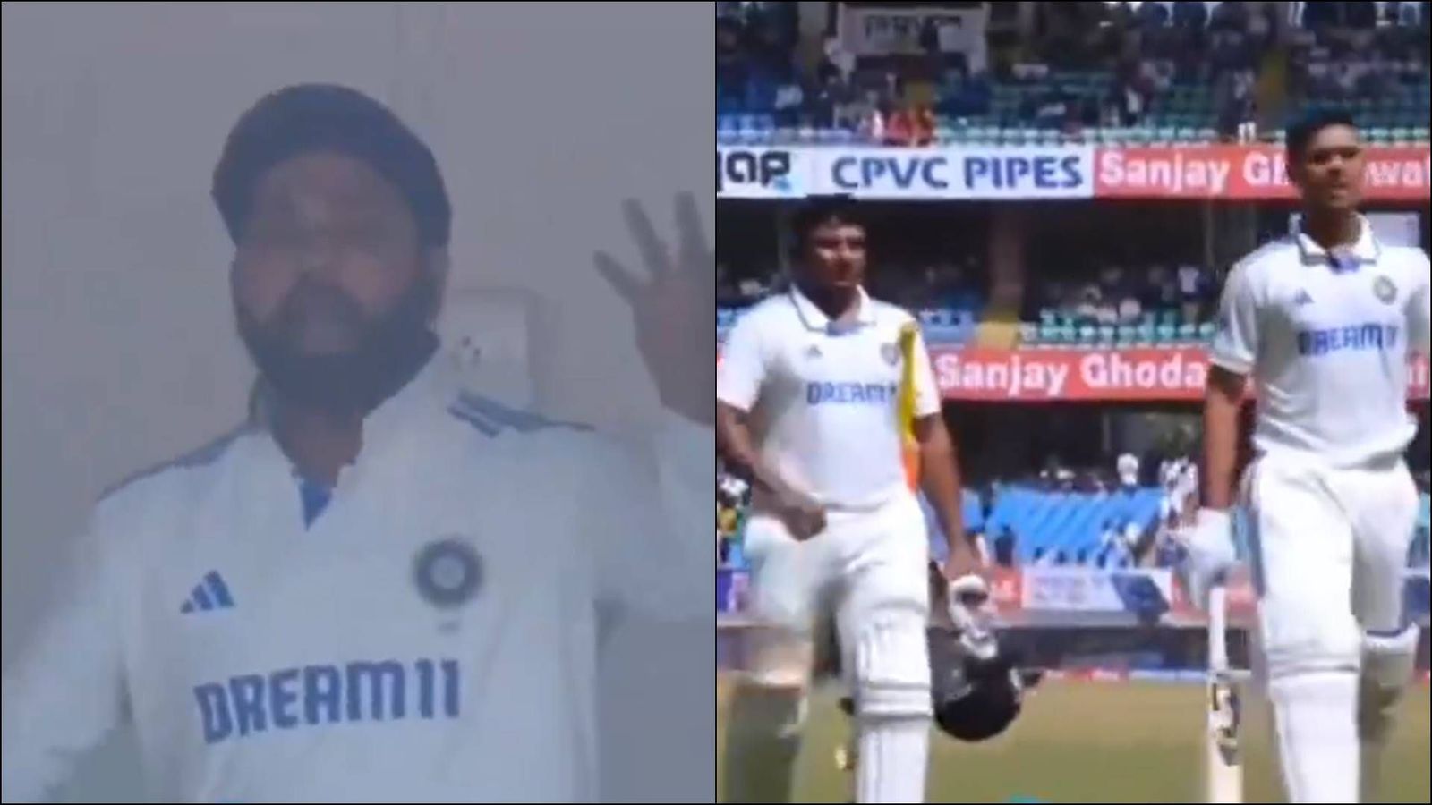 Yet to wear shoes, Rohit Sharma sends back Yashasvi Jaiswal, Sarfaraz Khan to bat after drinks break, watch viral video Rohit Sharma reacts after Yashasvi Jaiswal, Sarfaraz Khan walk towards dressing room without him declaring (Screengrab: X)