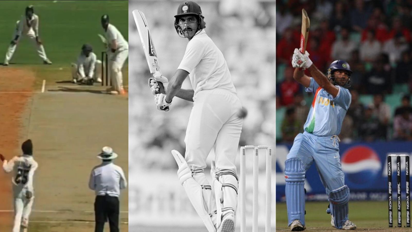 Andhra batter Vamsi Krishna joins elite list of batters to hit 6 sixes in an over; check the complete list of players (L-R) Andhra Pradesh young batter Vamsi Krishna with bat, Legendary Ravi Shastri, Yuvraj Singh of India. (File Photo: Getty Images)