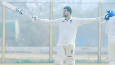 CSK's Rs 8.40 signee runs riot with magnificent century in a perfect dress rehearsal for IPL 2024 Star batter Sameer Rizvi celebrates after scoring a century in CK Nayudu Trophy quarterfinal. (X)