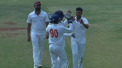 Ranji Trophy: Exceptional bowling display from Harsh Dubey and Aditya Sarwate leads Vidarbha into semi-finals; Karnataka bow out Vidarbha players celebrating a wicket.