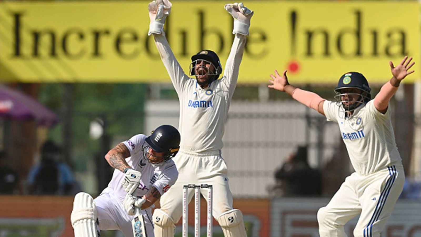 BCCI explains why Sarfaraz Khan and Dhruv Jurel did not get a central contract but Rajat Patidar was included in the list Dhruv Jurel and Sarfaraz Khan appeal as Ben Stokes gets hit on the pad (Getty Images)