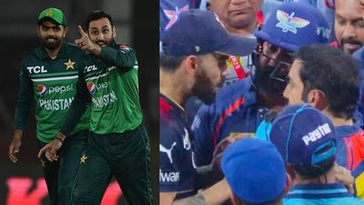 Agha Salman clarifies on his 'Kohli bachche easy ho jaa' text to Virat following big fight with Gautam Gambhir during IPL 2023 Left Frame: Pakistan's Agha Salman along with Babar Azam. Right Frame: Virat Kohli and Gautam Gambhir engage in a verbal altercation during IPL 2023. (Getty-X)