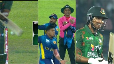Drama unfolds in BAN vs SL clash as 3rd umpire reverses decision despite clear spike to stun Sri Lankan players; watch video Sri Lankan players and Soumya Sarkar react to third umpire's decision (Screengrab: FanCode, X)