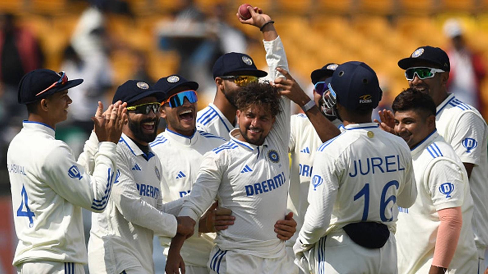 IND vs ENG: After Kuldeep-Ashwin's wizardry, Jaiswal-Rohit's fifties help India dominate milestone Test in Dharamsala Kuldeep Yadav celebrates his five-wicket haul in Dharamsala Test (Getty Images)
