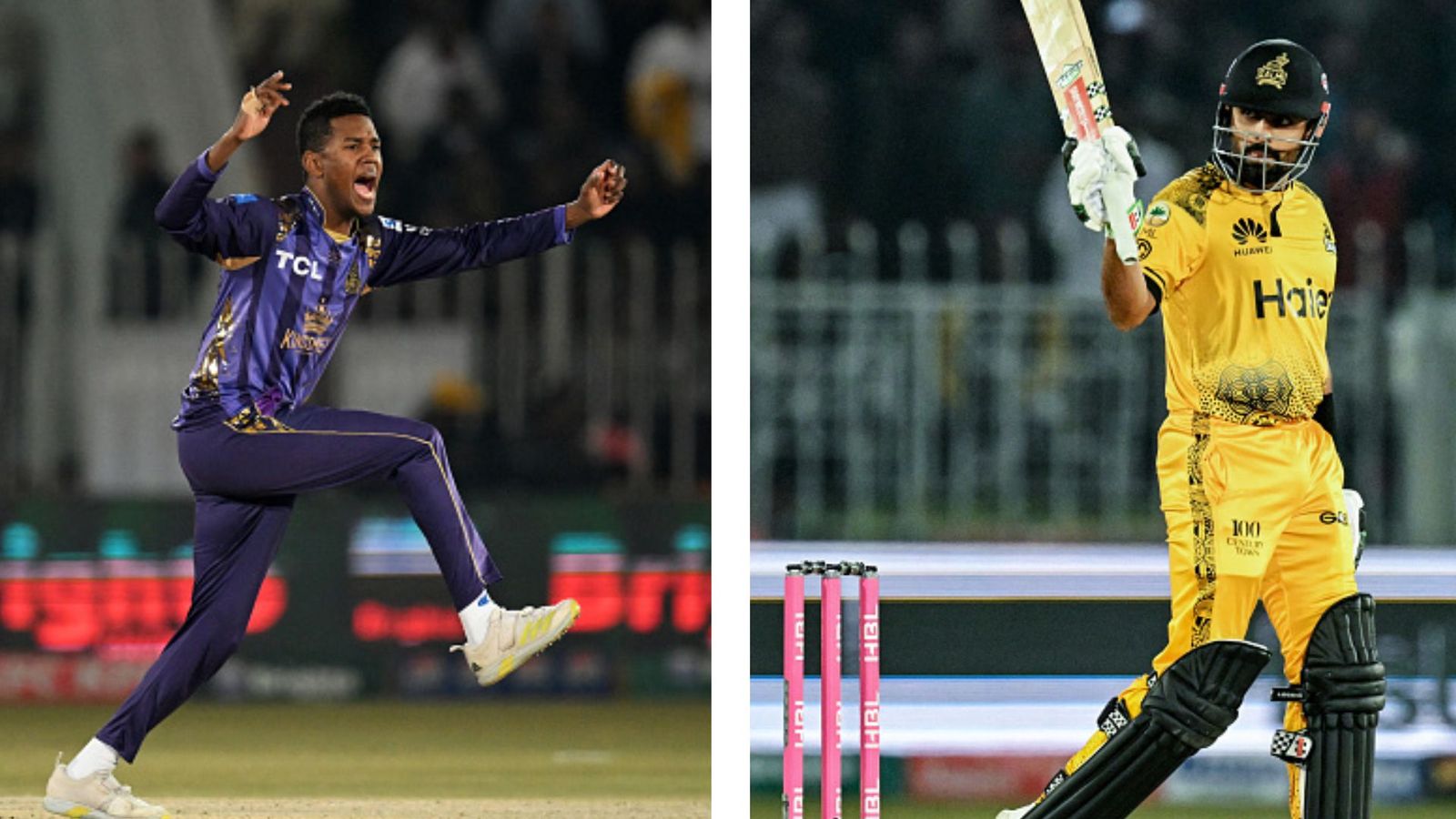 PSL 2024: Akeal Hosein's hat-trick in vain as Babar Azam smashes another half-century to lead Peshawar Zalmi into playoffs Akeal Hosein (L) and Babar Azam (R).