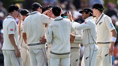 NZ vs AUS: New Zealand's rear-guard action turns up the heat on Australia as Christchurch Test tantalisingly poised after stumps on Day 3 Matt Henry of New Zealand is congratulated by his team mates after dismissing Mitchell Marsh of Australia. (Getty Images)
