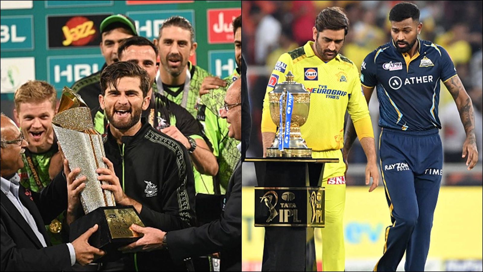 IPL vs PSL: The huge difference in prize money of two prominent T20 leagues Shaheen Afridi with PSL trophy; MS Dhoni and Hardik Pandya with IPL 2023 trophy (File Photo: Getty Images)