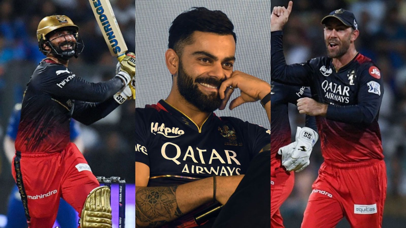 WPL Final: Virat Kohli, AB de Villiers and Glenn Maxwell lead congratulatory messages after Smriti Mandhana's RCB lifts 16-year curse Dinesh Karthik (L), Virat Kohli (C) and Glenn Maxwell (R).