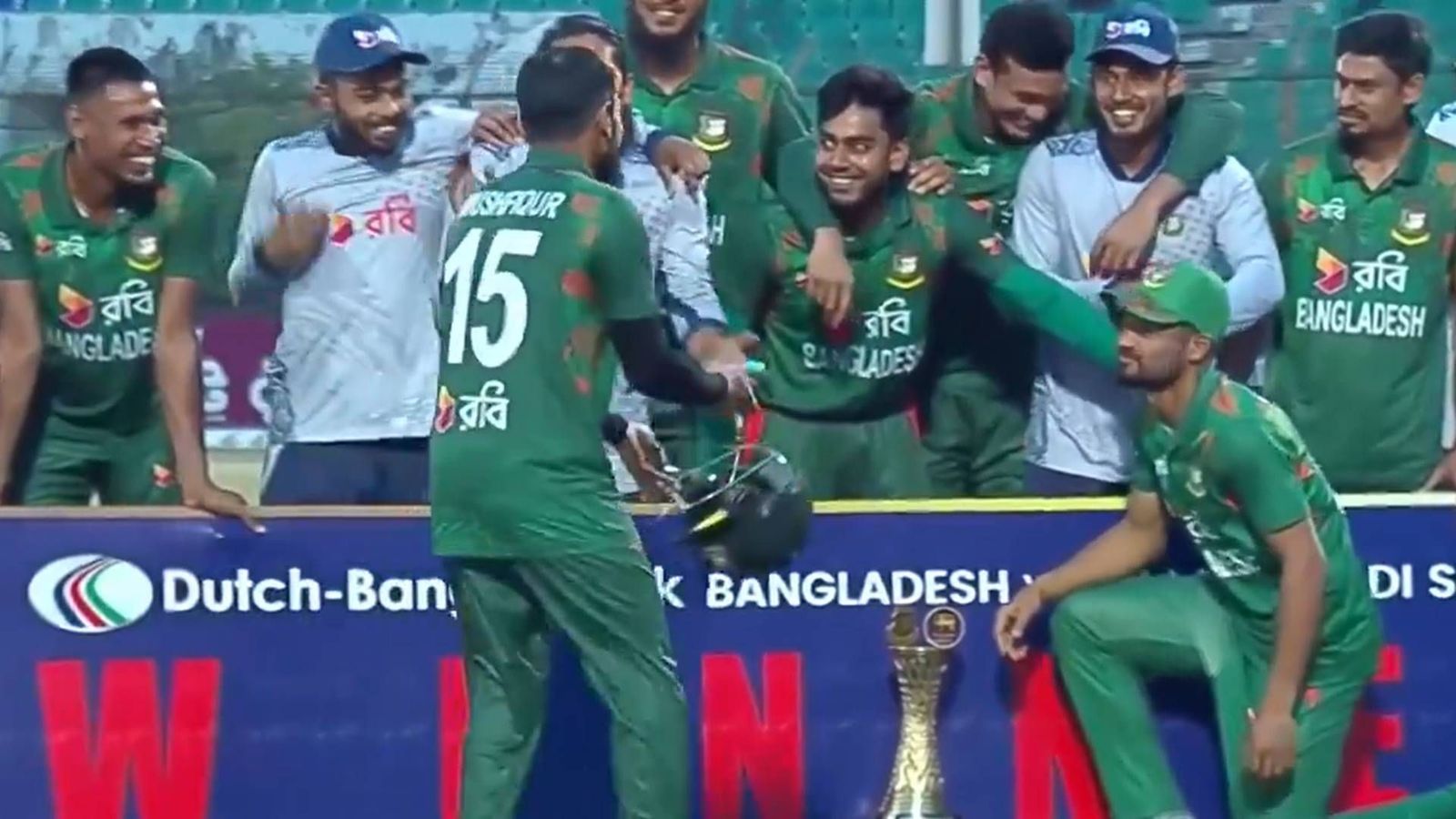 Mushfiqur Rahim brutally trolls Angelo Mathews during Bangladesh’s ODI series win celebration, leaves teammates in splits; watch video Mushfiqur Rahim imitates Angelo Mathews to leave teammates in splits (Screengrab: FanCode, X)
