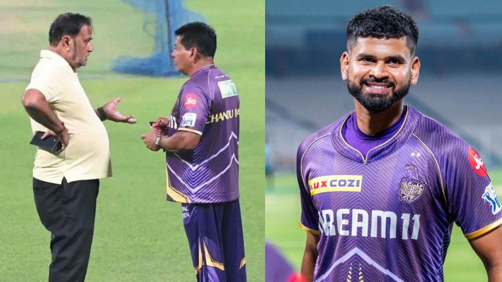 IPL 2024: Eden Gardens pitch curator's clear cut message ahead of KKR vs SRH match, says ‘no question of favouring...’ (L) KKR head coach Chandrakant Pandit with Eden Gardens pitch curator Sujan Mukherjee, (R) KKR skipper Shreyas Iyear (Photo Courtesy: X)