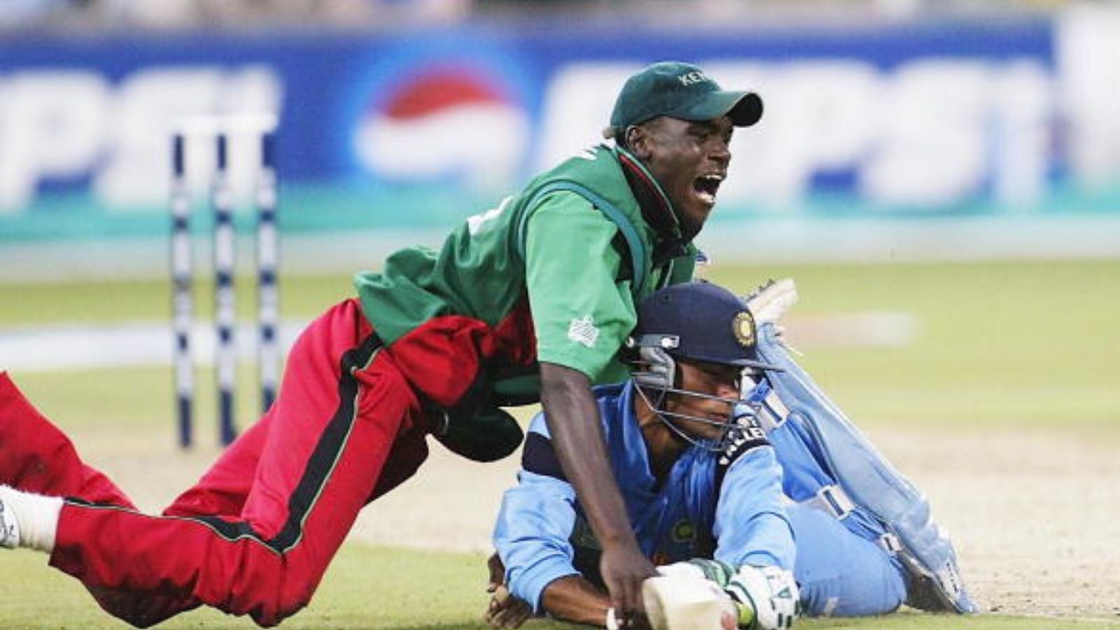 42-year-old bowler, who wreaked havoc in World Cup 2003 semifinal with stunning fifer against Sri Lanka, announces retirement File Photo: Kenya's Collins Obuya (top) collides with India's Mohammad Kaif in an attempted run out during the ICC World Cup 2023 Semi Final in Durban, South Africa on March 20, 2003. (Getty)
