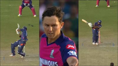 Trent Boult fist bumps Devdutt Padikkal after damaging his helmet, gets him clean bowled next ball; watch video Trent Boult's bouncer damages Devdutt Padikkal's helmet (Screengrab: X)