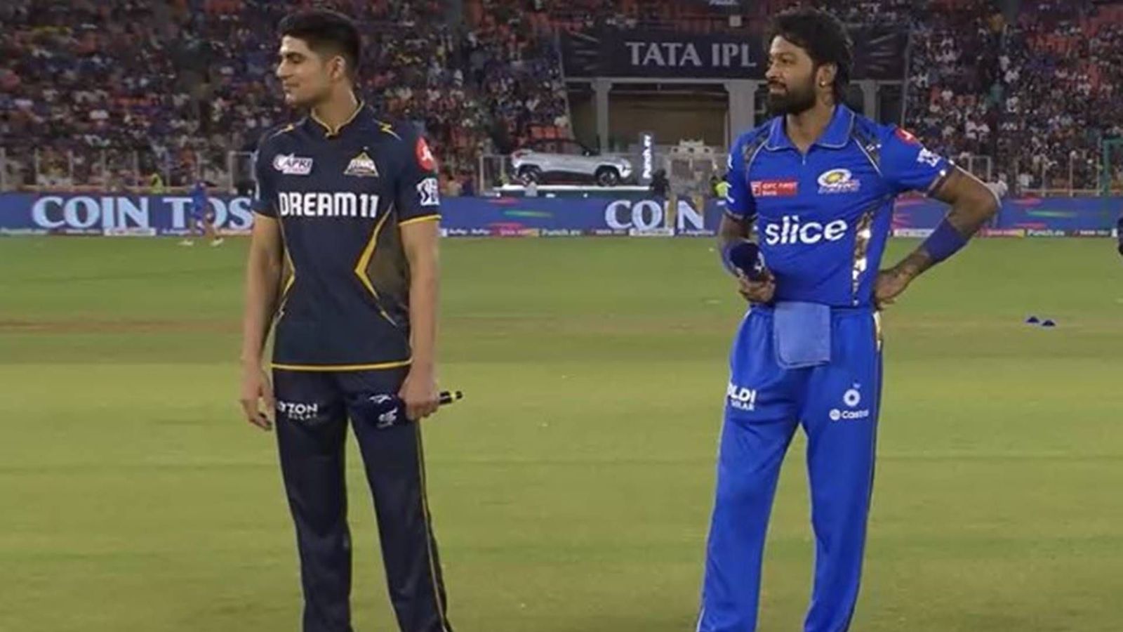 IPL 2024, GT vs MI Playing XIs: Hardik Pandya, Shubman Gill give chances to two new overseas players each Shubman Gill and Hardik Pandya at the coin toss (Screengrab: X)