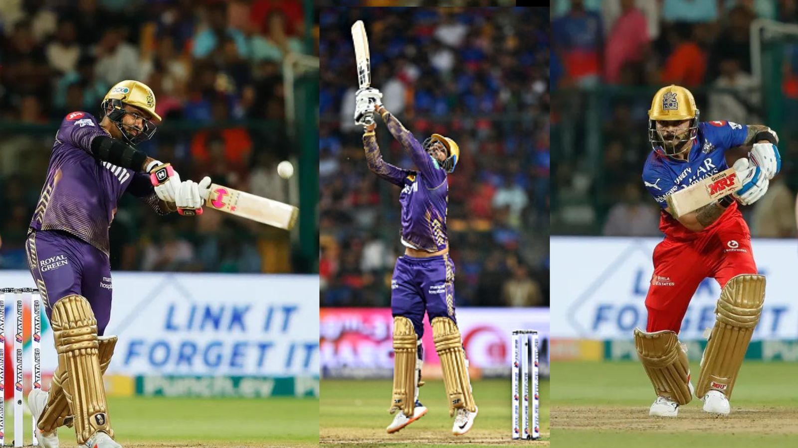 RCB vs KKR: Narine-Venkatesh's lightning knocks dampen Virat Kohli's exploits as KKR demolish RCB at their own fort again KKR's Sunil Narine (left), Venkatesh Iyer (centre) and RCB's Virat Kohli in this frame. (Getty)