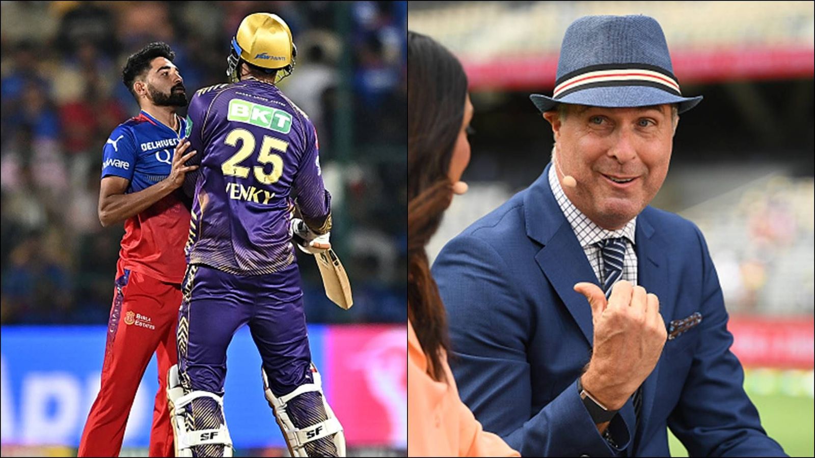 Michael Vaughan says it is impossible for RCB to win the IPL with this bowling attack, Irfan Pathan criticises team selection too Mohammed Siraj and Venkatesh Iyer (2L) involved in a collision; Michael Vaughan (L) (Getty Images)