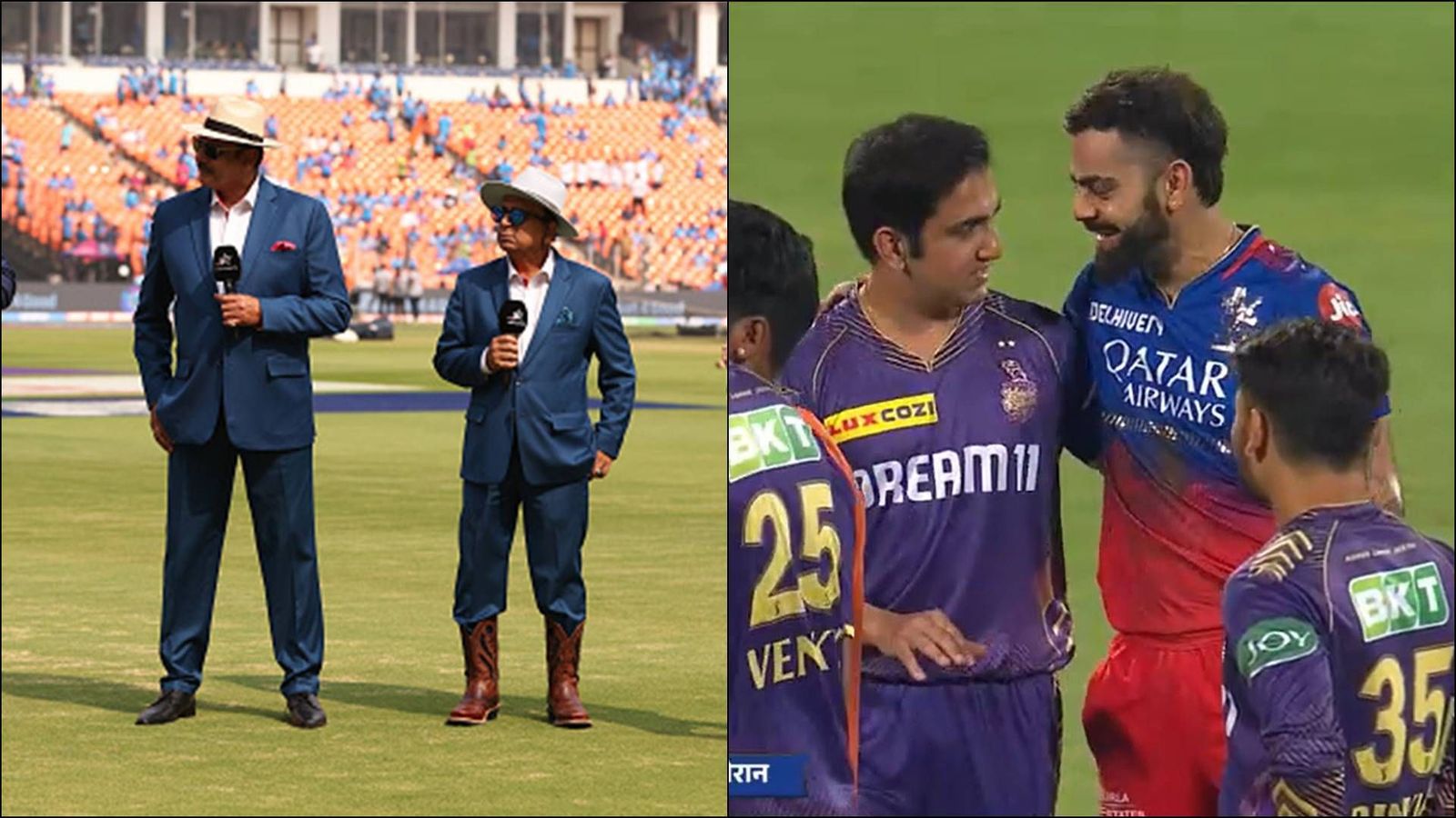 Sunil Gavaskar says Virat Kohli and Gautam Gambhir deserve 'an Oscar award' for heartwarming exchange during strategic timeout Ravi Shastri and Sunil Gavaskar (L); Gautam Gambhir and Virat Kohli during IPL 2024 (Getty Images, Screengrab: X)