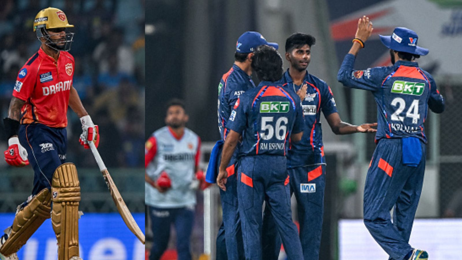 IPL 2024: Tearaway Mayank Yadav's ferocious spell powers LSG to stunning victory over PBKS as Shikhar Dhawan's heroics falls flat Right Frame: LSG's bowling sensation Mayank Yadav celebrates with his teammates. Left Frame: PBKS captain Shikhar Dhawan. (Getty)