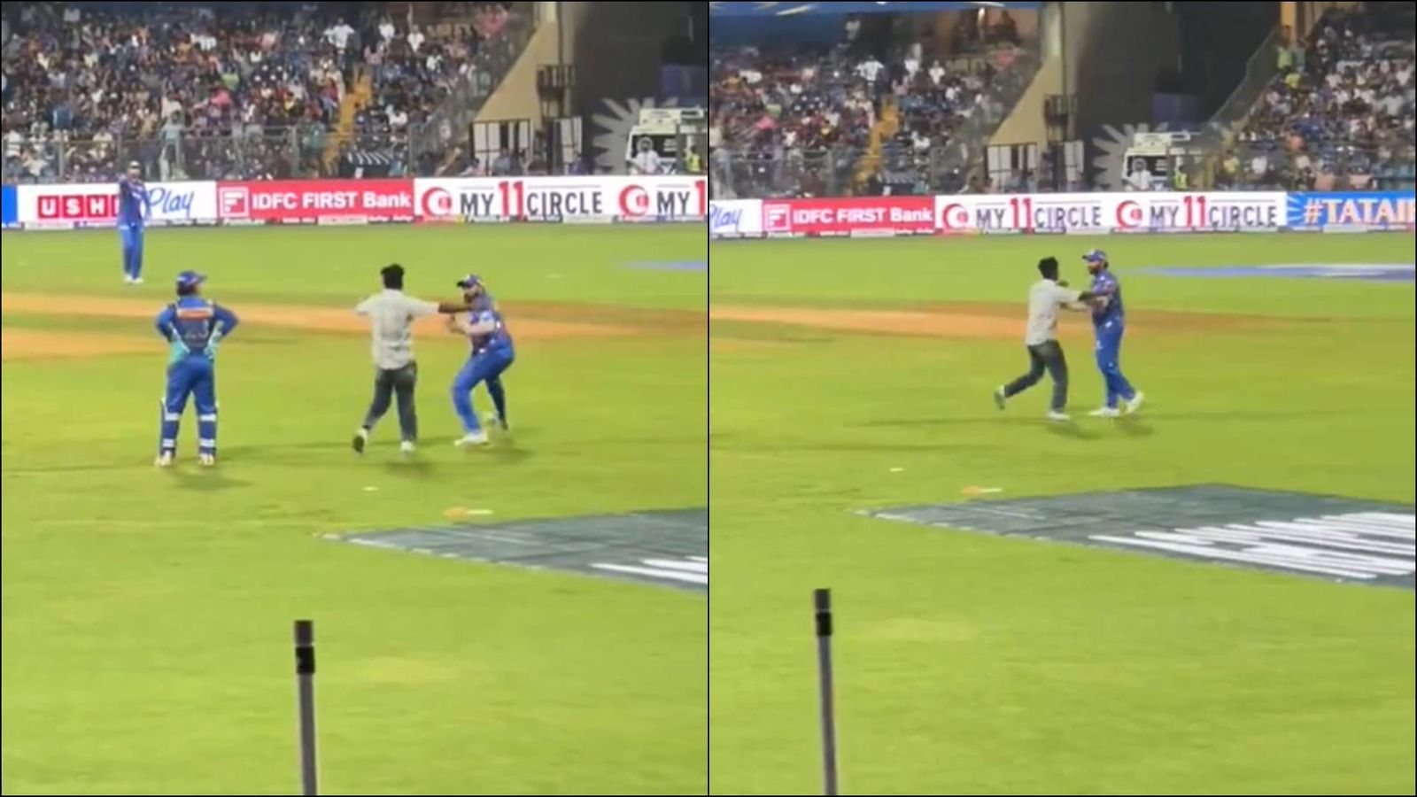 Rohit Sharma gets spooked by fan who breached security at Wankhede Stadium; video goes viral Fan attempts to hug Rohit Sharma at Wankhede Stadium (Screengrab: X)