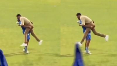 Watch: Rohit Sharma playful lift of Harbhajan Singh elevates the mood after Mumbai Indians' defeat vs Rajasthan Royals Rohit Sharma was seen lifting Harbhajan Singh joyfully before the start of MI vs RR clash. (Screengrab-X)