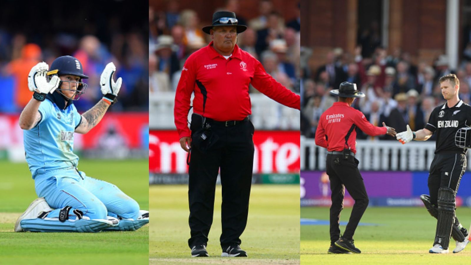 'We made a massive error': On-field umpire Marais Erasmus admits to massive blunder that helped England win 2019 ODI World Cup (L-R) Ben Stokes of England, Umpire Marais Erasmus, Umpire Handunnettige Dharmasen and Jimmy Neesham of NZ during 2019 ODI WC final. (File Photo: Getty)