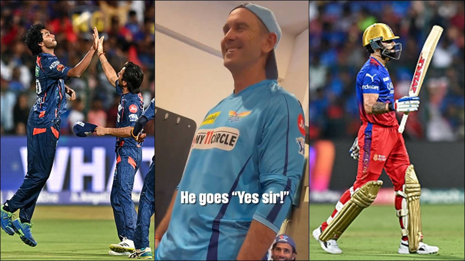 'Reckon you get Virat for us? 'Yes sir': Pumped Justin Langer reveals how confident M Siddharth was of taking Kohli's wicket M Siddharth celebrates after taking Virat Kohli's wicket; LSG coach Justin Langer in the dressing room (Getty Images, Screengrab: LSG, X)
