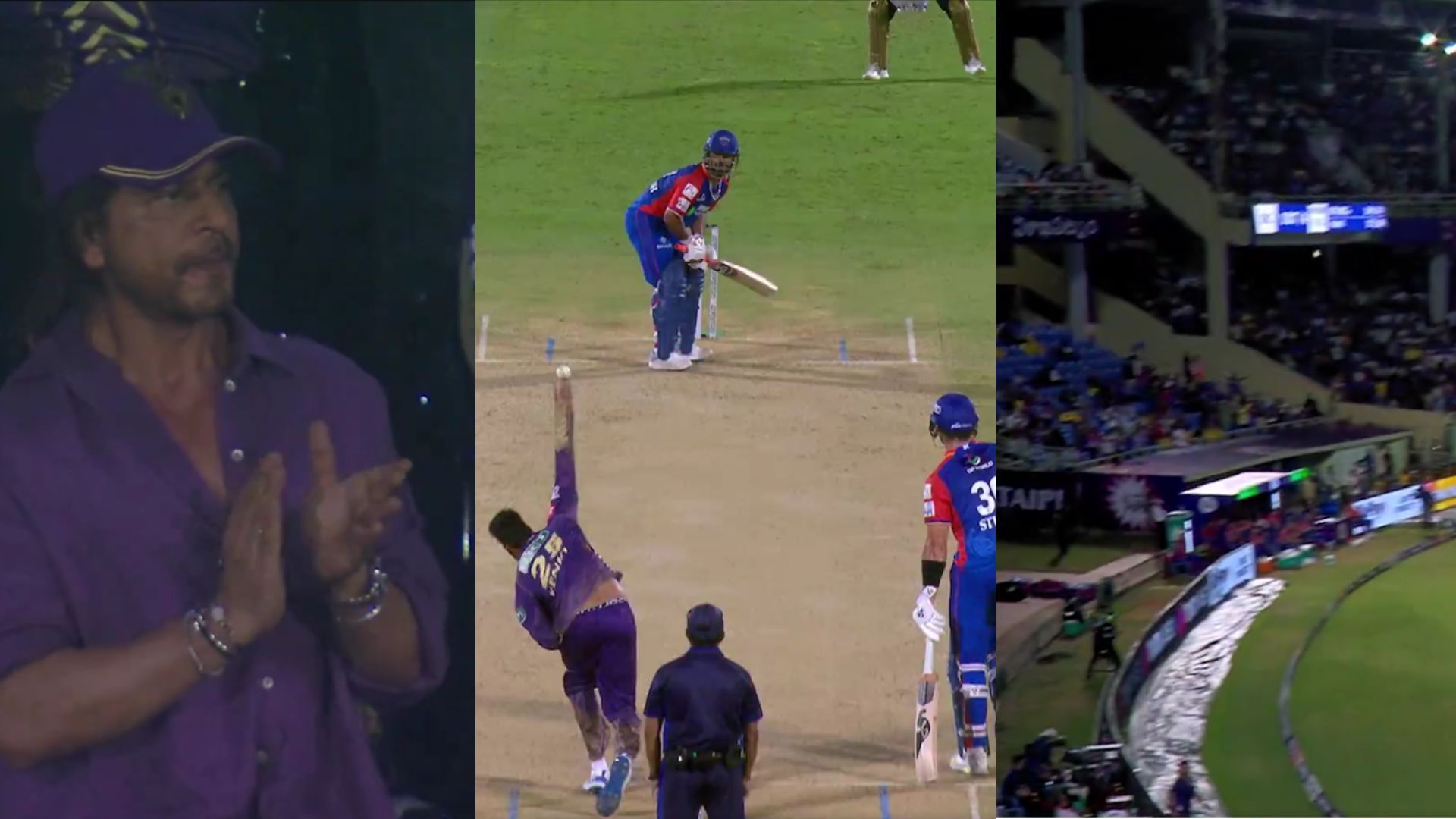 Watch: KKR co-owner Shah Rukh Khan leaves his seat to applaud DC skipper Rishabh Pant's no-look six; video goes viral  Shahrukh Khan applauds Rishabh Pant’s no-look six during the match between DC and KKR. (Screengrab: X)