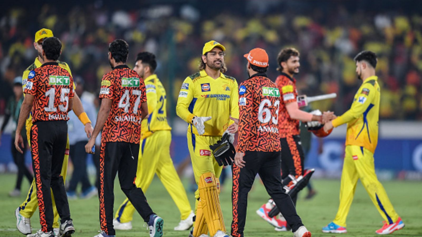 'He has put a lot of pressure on Suryakumar, Pant, Iyer, KL Rahul': Virender Sehwag roots for this CSK star for T20 World Cup 2024 CSK players shake hands with SRH players after suffering six-wicket defeat in their IPL 2024 clash on April 5. (Getty)