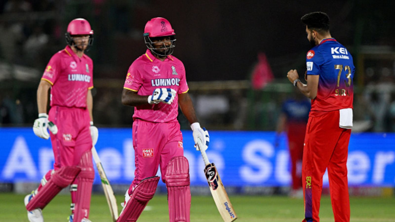 'Bowling is 9 but batting is...': Sanju Samson rates RR's batting on the scale of 10 after recording phenomenal win against RCB Royal Challengers Bengaluru's Mohammed Siraj (R) celebrates after taking the wicket of Rajasthan Royals' captain Sanju Samson (C) during their IPL 2024 match on April 7. (Getty)