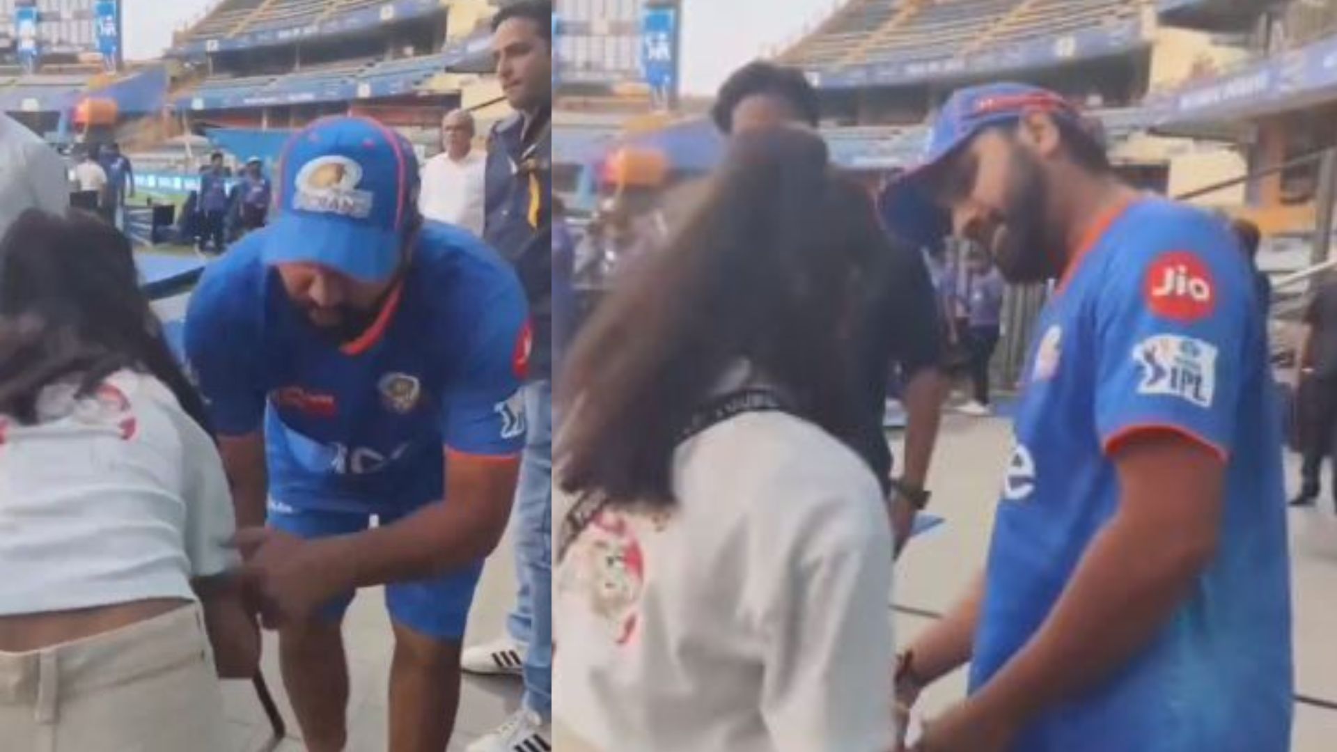 Watch: Teen female fan pays respect to Rohit Sharma, touches his feet before MI vs DC's IPL 2024 showdown, this is how Hitman reacted A little female fan was seen touching Rohit Sharma's feet ahead of MI vs DC's IPL 2024 clash. (Screengrab-X)