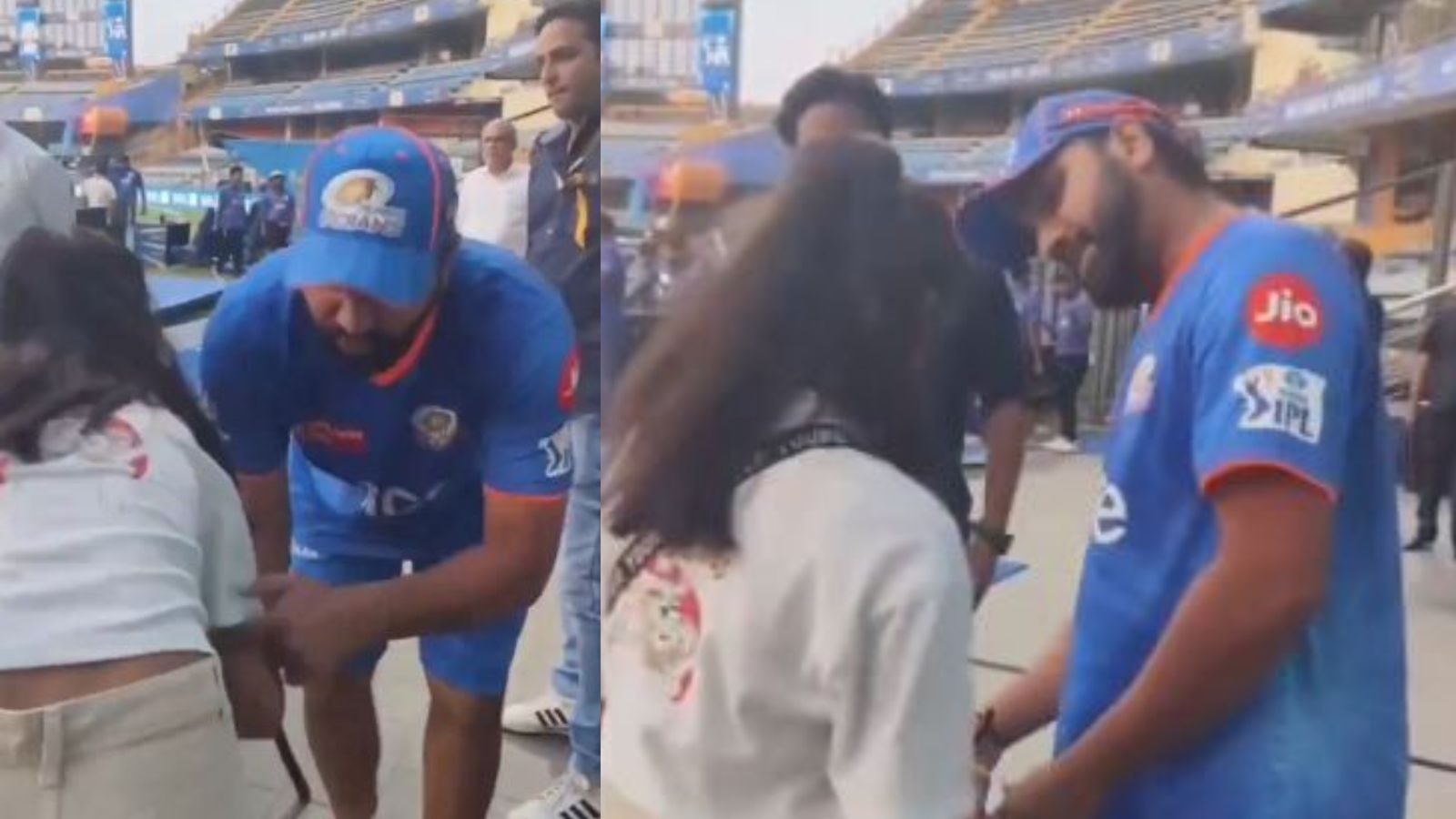 Watch: Teen female fan pays respect to Rohit Sharma, touches his feet before MI vs DC's IPL 2024 showdown, this is how Hitman reacted Watch: Teen female fan pays respect to Rohit Sharma, touches his feet before MI vs DC's IPL 2024 showdown, this is how Hitman reacted