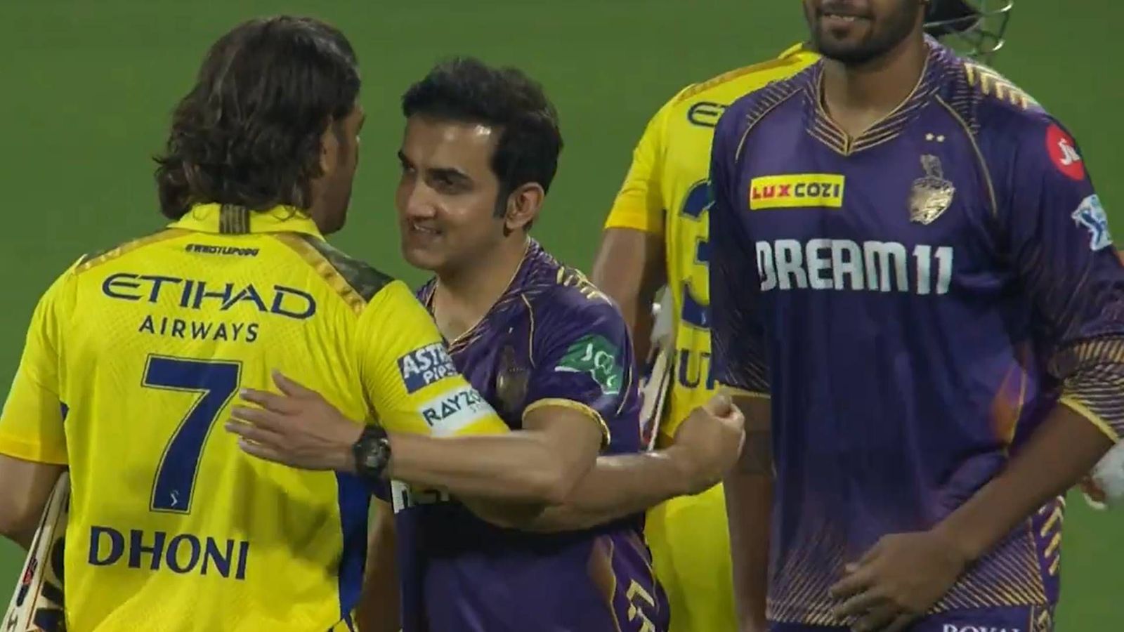 Watch: Gautam Gambhir puts an end to social media fabricated rivalry with MS Dhoni, hugs him after CSK’s 7-wicket win over KKR MS Dhoni and Gautam Gambhir hug each other after CSK's easy win over KKR (Screengrab: X)