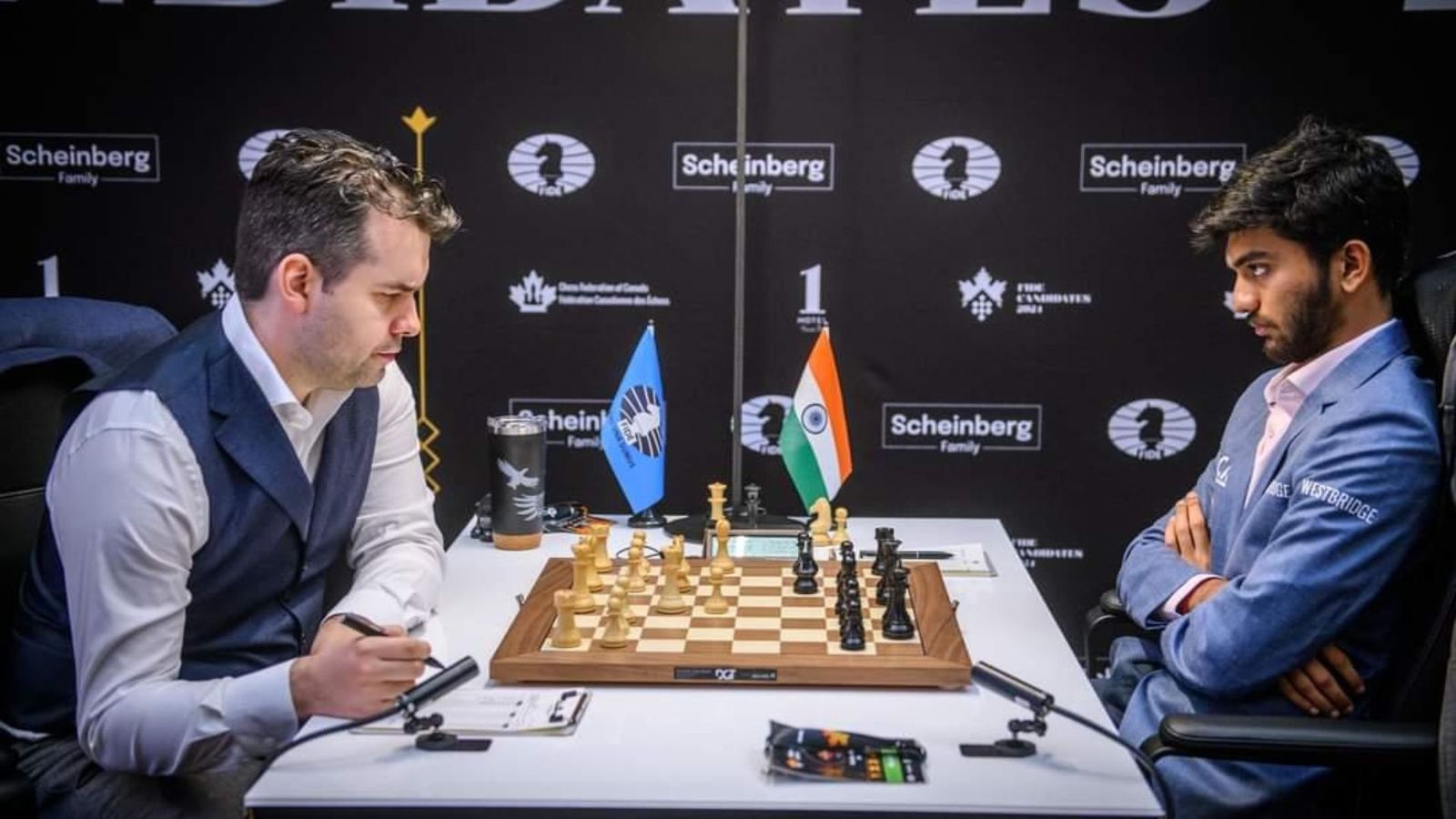 Candidates Chess 2024: D Gukesh draws with Ian Nepomniachtchi to maintain joint lead after Round 10 Indian grandmaster D Gukesh (R) draws with Russian Ian Nepomniachtchi. (Photo Courtesy: X/ChessBase India)