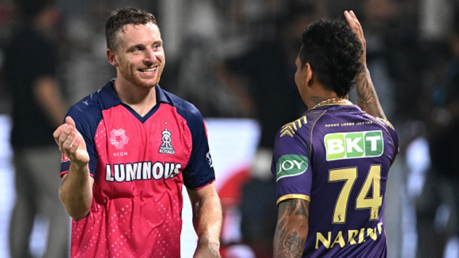 IPL 2024 Points Table: Rajasthan take huge lead after record win against Kolkata; big tussle between KKR, CSK and SRH Rajasthan Royals' Jos Buttler (L) and Kolkata Knight Riders' Sunil Narine greet each other at the end of their IPL 2024 match at the Eden Gardens in Kolkata on April 17. (Getty)