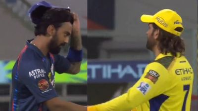WATCH: KL Rahul takes off his cap before shaking hands with MS Dhoni, this is how CSK's ageless megastar reacted! LSG was spotted removing his cap before shaking hands with MS Dhoni post LSG vs CSK match. (Screengrab-X)