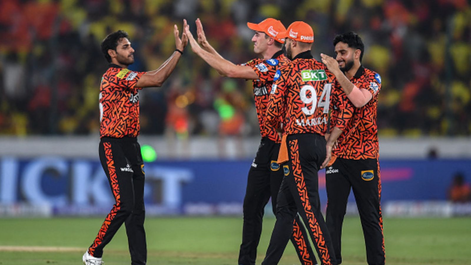 'He’s a silent guy, goes unnoticed a lot...': Bhuvneshwar Kumar on SRH's match-winner after emphatic win over DC Sunrisers Hyderabad's Bhuvneshwar Kumar (left) celebrates with his teammates in this frame. (Getty)