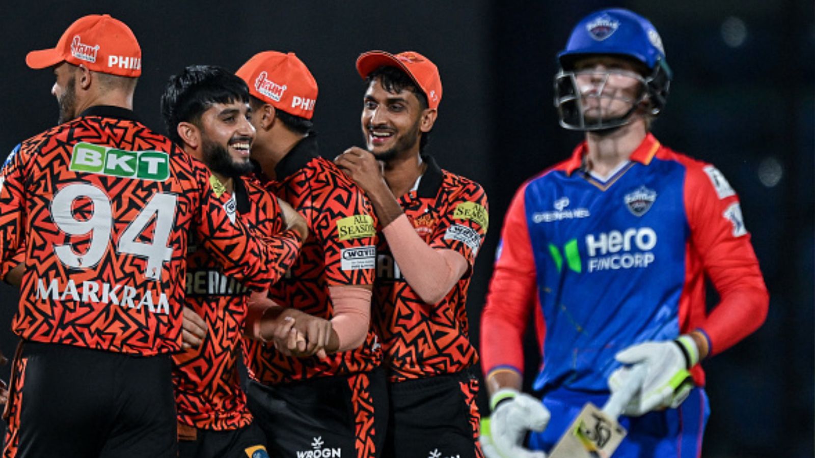 IPL 2024 Points Table: SRH inch closer to table toppers RR after commanding win over DC, KKR slip to 3rd spot; check updated standings Sunrisers Hyderabad's Mayank Markande (2L) celebrates with teammates after taking the wicket of Delhi Capitals' Jake Fraser-McGurk (R) during their IPL 2024 clash on April 21. (Getty)