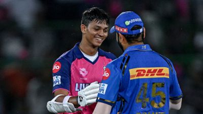 RR’s Yashasvi Jaiswal says ‘winning the match is important’ to Rohit Sharma after hitting century vs MI, Watch video here Rajasthan Royals' Yashasvi Jaiswal greets Mumbai Indians' Rohit Sharma (R) at the end of the match between RR and MI. (Getty)