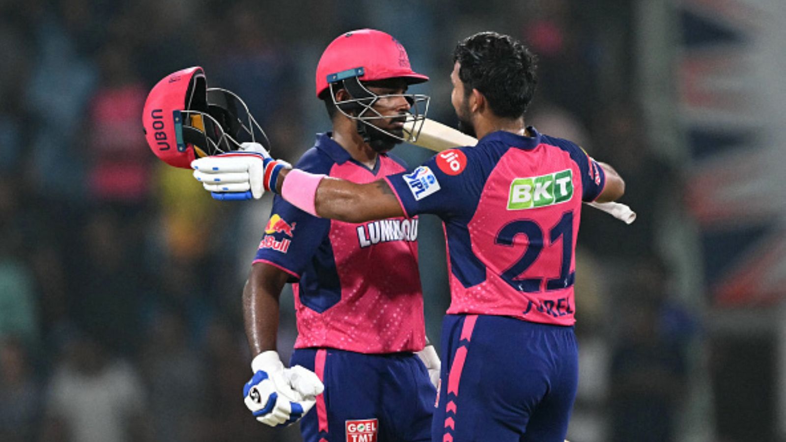 EXPLAINED: Why Rajasthan Royals with 16 points haven't yet qualified for IPL 2024's playoffs? Know the math behind this Rajasthan Royals' captain Sanju Samson (L) celebrate with his teammate Dhruv Jurel after victory over Lucknow Super Giants in their IPL 2024 clash on April 27. (Getty)