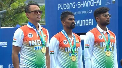 Archery World Cup: India shocks Olympic champions South Korea to win historic men’s recurve gold after 14 years Indian men's team of Tarundeep Rai (L) Pravin Jadhav (M) and Dhiraj Bommadevara (R) in this frame. (Photo Courtesy: X)