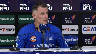 CSK coach Mike Hussey weighs in on strike rate debate, says 'we don't talk about it much at all' CSK batting coach Mike Hussey in the post-match press conference (Screengrab: X)