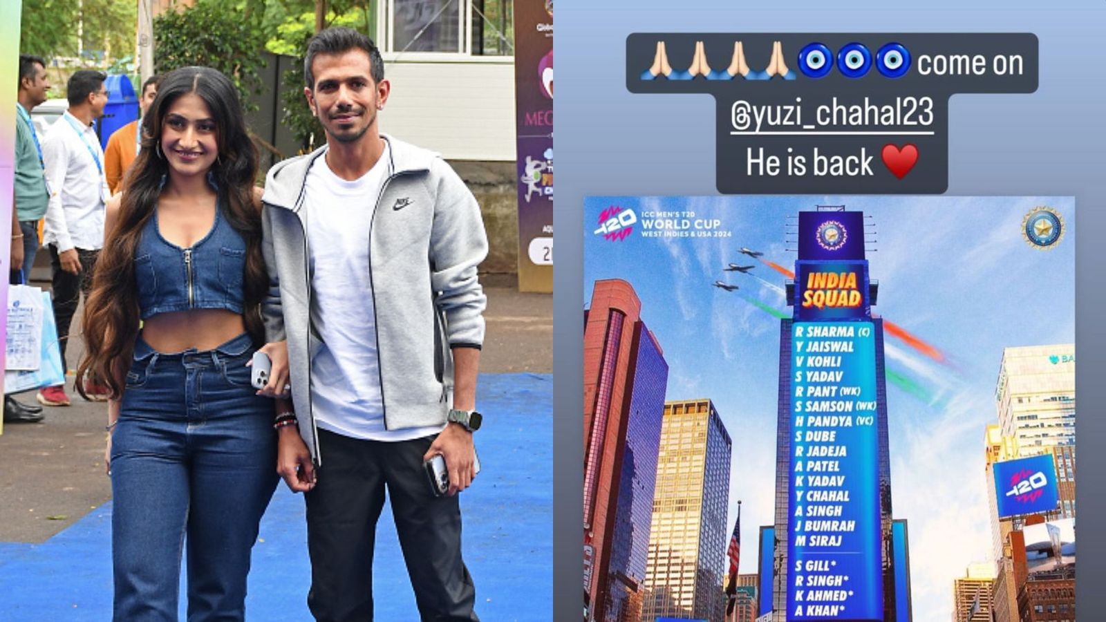 Dhanashree Verma's beautiful reaction to Yuzvendra Chahal's inclusion in India's T20 World Cup 2024 squad wins hearts Yuzvendra Chahal and Dhanashree Verma in frame (Getty and Instagram story screenshot)