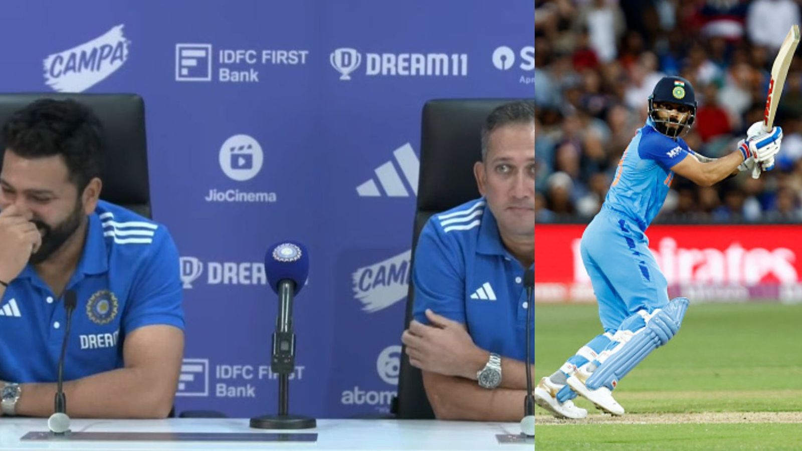 India T20 World Cup Squad Press Conference: Rohit Sharma laughs as Ajit Agarkar answers question on Virat Kohli's strike rate India T20 World Cup Squad Press Conference: Rohit Sharma laughs as Ajit Agarkar answers question on Virat Kohli's strike rate